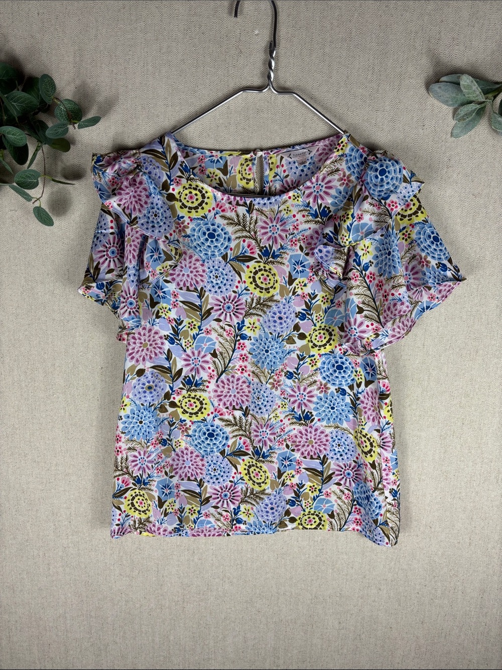 Nanette Lepore > Floral Ruffle Sleeve Pink Blue Blouse Small